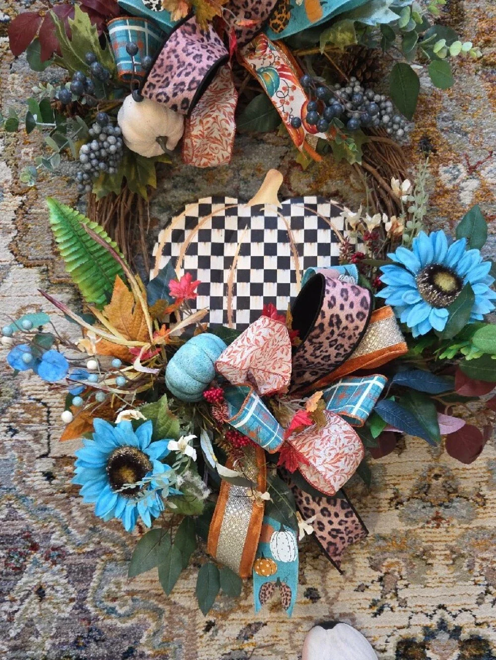 Handcrafted Blue & Teal Floral Fall Wreath with Black & White Check Pumpkin